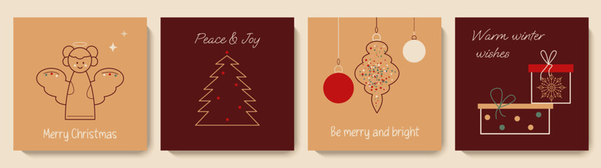 Set of cute Christmas greeting card with angel, gift, Christmas tree, ornaments. Xmas design for postcard, poster, wallpaper, social media post template. Cartoon outline vector illustrations