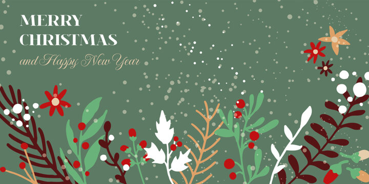Merry Christmas and Happy New Year modern banner design with winter plants. Xmas retro background with poinsettia, mistletoe. Vector flat illustration
