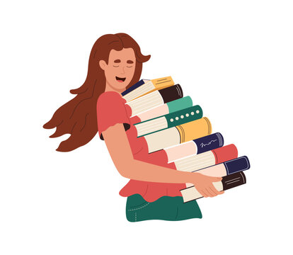 Happy girl student holding stack of books in hands. Young woman carrying pile of textbooks from library. Smiling reader, bookworm with beloved literature. Cartoon flat vector illustration