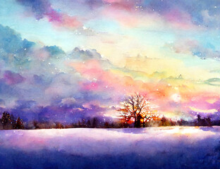 sunrise in the mountains, sunset in the forest, watercolor landscape, pastel snowy winter scenery, greeting card, Christmas, season, cold, illustration, generative ai