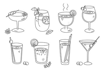 Alcoholic cocktails set, long drink beverages for holiday celebrating. Use for decorating design festive menu. Hand-drawn doodle style. Editable stroke. Isolated. Vector illustration