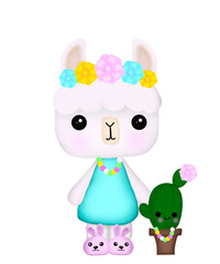 Cute Kawaii Llama with cactus 