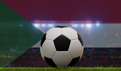 Soccer football ball on a grass pitch in front of stadium lights and sudan flag. 3D Rendering