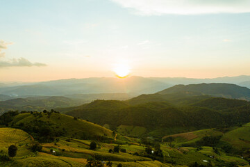 Aerial View sunlight at twilight of Pa Bong Piang terraced rice fields, Mae Chaem, Chiang Mai Thailand	