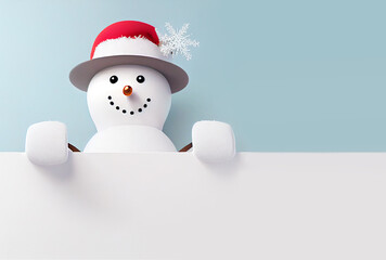 3d render, Christmas greeting card with cute smiling snowman toy waving his hand on blue background with whiteboard mockup banner background.Winter Christmas Snowman celebration 3d cartoon, noel card.