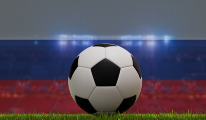 Soccer football ball on a grass pitch in front of stadium lights and russia flag. 3D Rendering