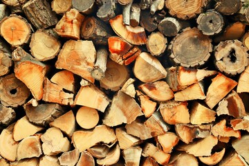 Background, texture, firewood prepared for the winter stacked in a neat log