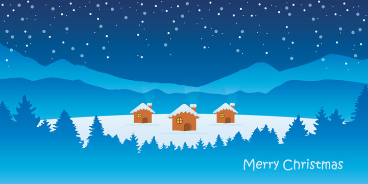 christmas greeting card with little house on snowy winter landscape