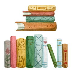 A stack of books and a bookshelf are painted in watercolor.