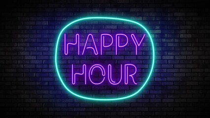 Happy hour Neon Light on Brick Wall. Night Club Bar Blinking Neon Sign. Motion Animation. 4K FullHD and HD render footage animation