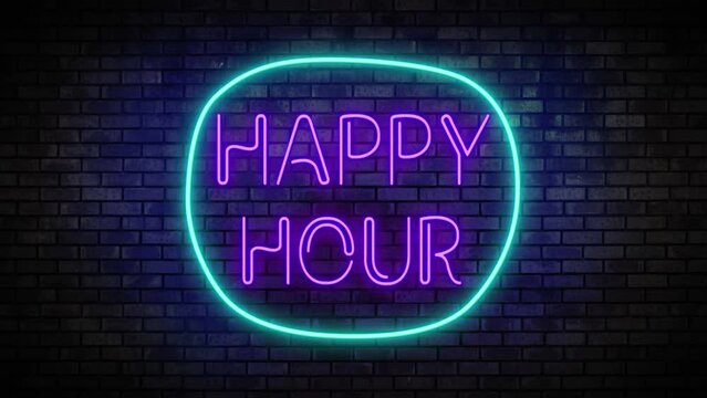 Happy hour Neon Light on Brick Wall. Night Club Bar Blinking Neon Sign. Motion Animation. 4K FullHD and HD render footage animation