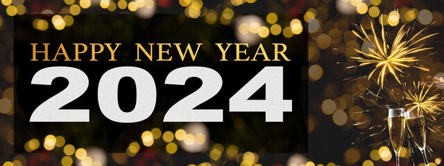 HAPPY NEW YEAR 2024 - Festive silvester background panorama banner long - Golden yellow firework...