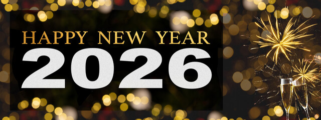 HAPPY NEW YEAR 2026 - Festive silvester background panorama banner long - Golden yellow firework...