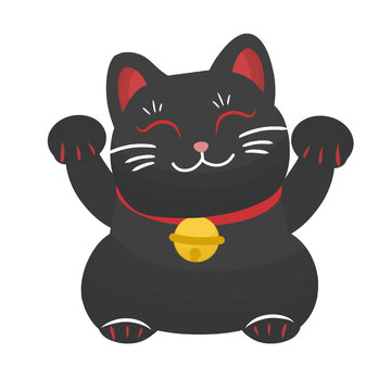 Antique style Japanese Maneki Neko black cat Illustration