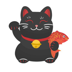 Antique style Japanese Maneki Neko black cat Illustration