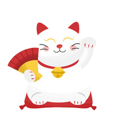 Antique style Japanese Maneki Neko white cat Illustration