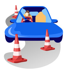 Driving school exams, practice test. Woman driving a car with safety belt. Road, VLC cone. Flat vector illustration.