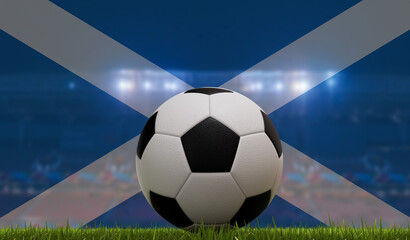 Soccer football ball on a grass pitch in front of stadium lights and scotland flag. 3D Rendering