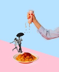 Food pop art photography. Contemporary art collage. Stylish young couple running under umbrella for lunch. Delicious Italian pasta with meatballs