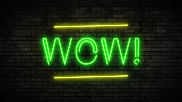 Wow Neon Light on Brick Wall. Night Club Bar Blinking Neon Sign. Motion Animation. Video available in 4K FullHD and HD render footage
