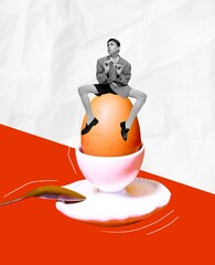 Food pop art photography. Contemporary art collage. Stylish young boy sitting on boiled egg. Popular breakfast. Surreal design