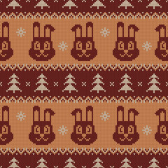 Knitted seamless pattern for 2023 New Year of the Rabbit. Vector ornament with cute bunnies, snowflakes, and Christmas trees. Brown and beige sweater print.