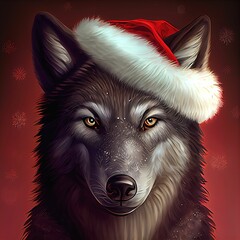 Digital illustration of a beautiful gray wolf with a Santa Claus hat