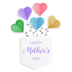 Mother's day card with paper elements. Vector hearts in pocket greeting card design