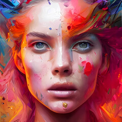portrait painting of a beautiful woman in multicolored tones. Abstract picture of a beautiful girl. Conceptual closeup of an painting. Beautiful woman illustration.