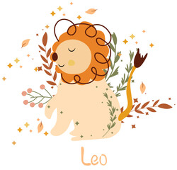Leo Zodiac sign with colorful leaves and stars around. Cute Leo perfect for posters, logo, cards. Astrological Leo zodiac. Vector illustration.