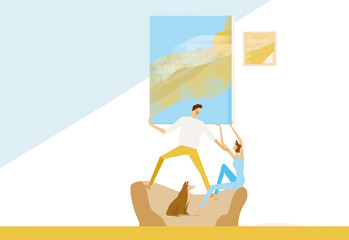 A couple is hanging paintings in their living room while the dog watches them patiently