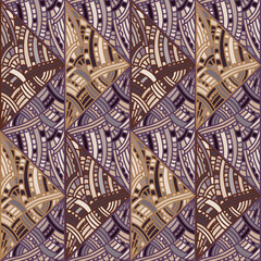 Freehand line mosaic seamless pattern. Vintage boho tile ornament. Creative doodle style backdrop. Abstract geometric ethnic tile.