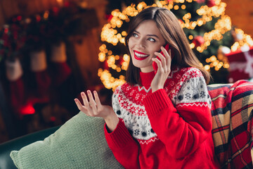 Photo of adorable attractive lady wear red sweater speak telephone make order prepare gift present...