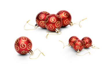Red Christmas tree baubles with a glitter pattern in groups of three and a single isolated against a transparent background.