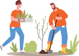 People planting trees. Man and woman gardening together