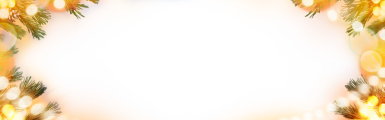 A Christmas tree frame, border of pine tree branches and tree lights with a warm blurred glow with copy space isolated against a transparent background.