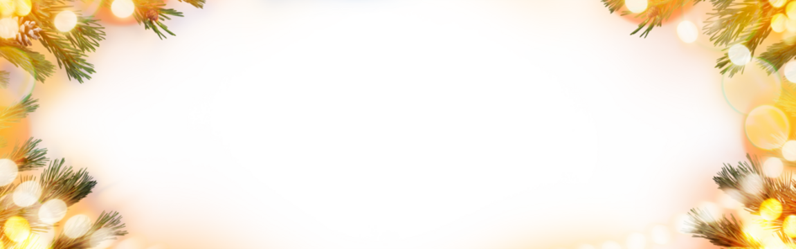 A Christmas tree frame, border of pine tree branches and tree lights with a warm blurred glow with copy space isolated against a transparent background.