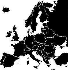 Black colored European states map. Political europe map. Vector illustration map.