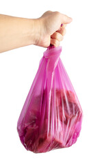 Red package with meat in hand isolated on white