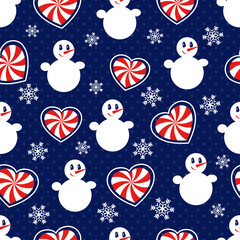 Snowman. Seamless vector pattern with stylized snowmen, heart-shaped candy canes and snowflakes. Winter pattern - 546577322