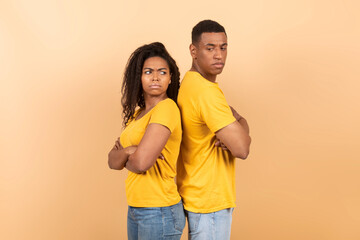 Fototapeta premium Frustrated african american spouses standing back to back with folded arms on peach studio background