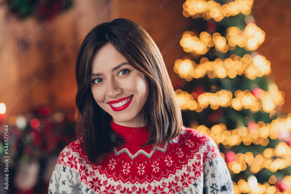 Poster photo of young cute positive lady toothy beaming smile look you dreamy invite inside her home atmosp