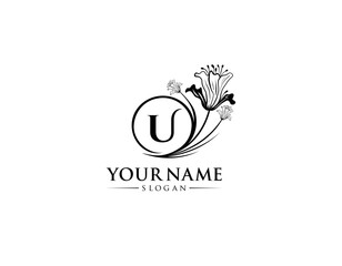 Abstract letter U with flower logo design, logo U vector, handwritten logo of signature, wedding, fashion shop, cosmetics shop, beauty shop, boutique, floral creative logo design.