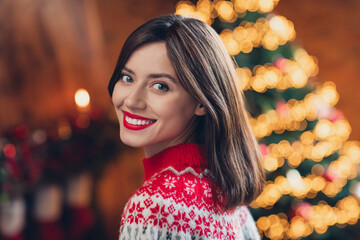 Close up photo of adorable lovely cheerful lady toothy smile rejoice weekend snowy day outside magic moment cozy house room indoors