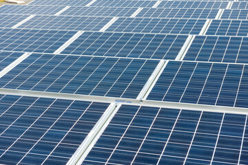Obraz premium Looking over a large array of solar panels on a roof in the warm summer light under a blue sky producing electrical power.