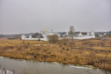 Suzdal / Russia - March 08, 2020: view of the walls of the Intercession Monastery in Suzdal