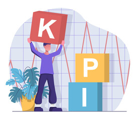 KPI. A man stacks the cubes of key performance indicators