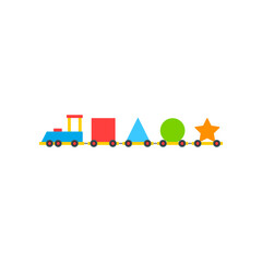 Toy train with shapes cartoon illustration. Colorful kids locomotive, engine or wagons. Entertainment, recreation, childhood, transportation, vehicle concept