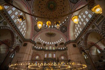 Interior of Suleymaniye Mosque, It's an Ottoman imperial mosque located on the Third Hill and one of the best-known sights of Istanbul in Turkey