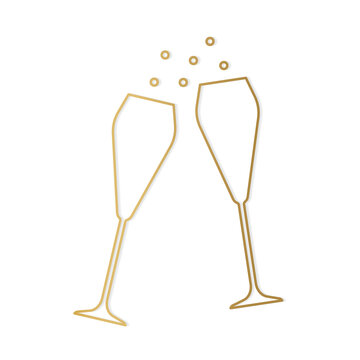 golden champagne glasses line icon, cheers, wedding, party, celebration of New Year's Eve- vector illustration-